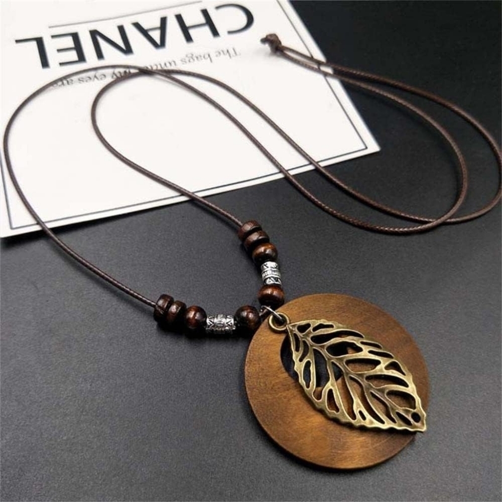 Wooden Pendant Necklace With Leaf On Leather Cord